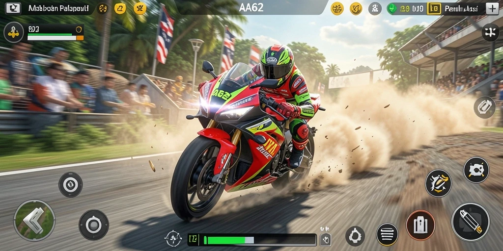 Tangkapan layar gameplay AA62 menampilkan aksi balapan motor yang seru.