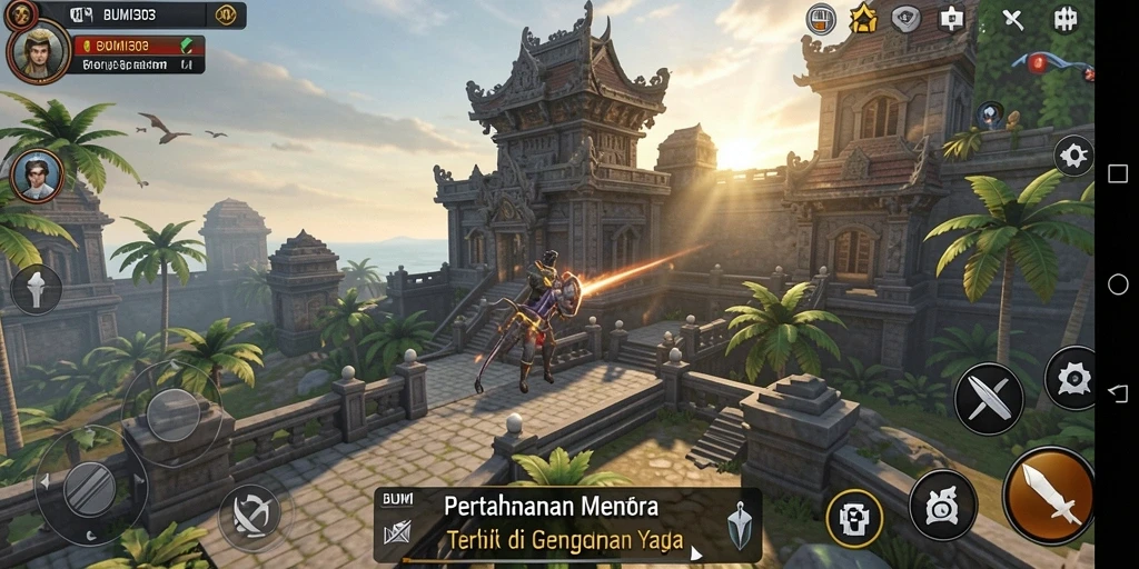 Tampilan gameplay BUMI303 yang mendebarkan dengan menara pertahanan strategis.