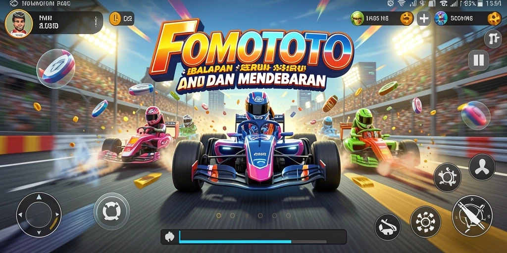 Screenshot FOMOTOTO menampilkan aksi balapan yang mendebarkan dengan mobil-mobil cepat.