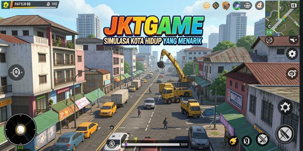 Tampilan gameplay <strong>JKTGAME</strong> yang memukau, menampilkan kota yang kamu bangun.