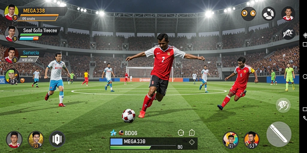 Screenshot gameplay MEGA338 menampilkan aksi mendebarkan di lapangan sepak bola.
