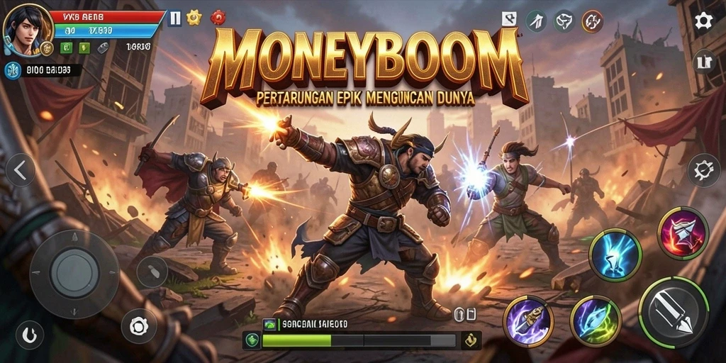 Gameplay pertarungan seru dalam MONEYBOOM dengan karakter yang beragam.