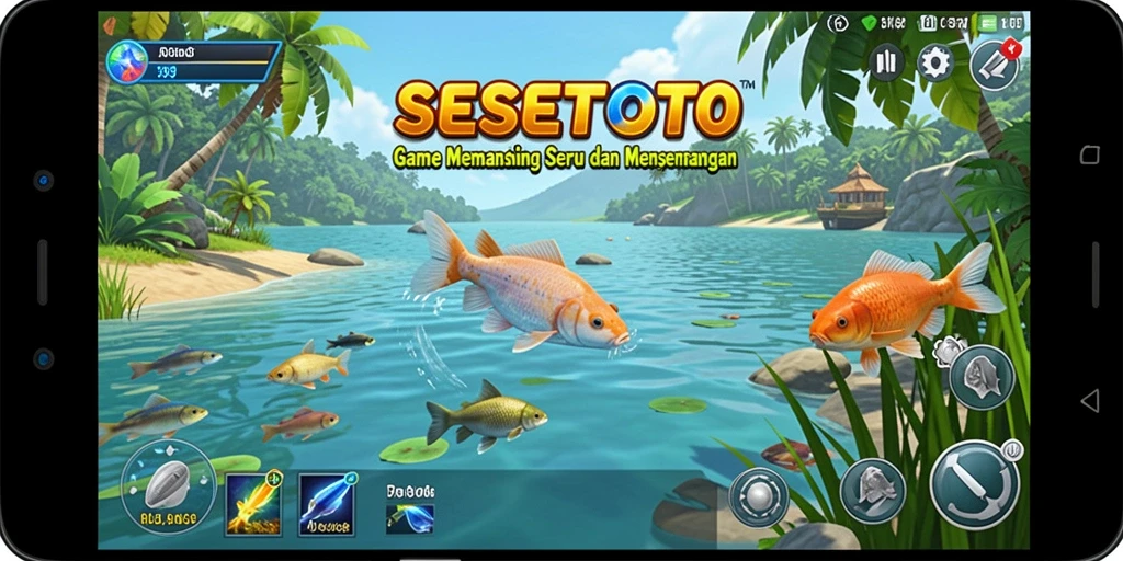 Screenshot gameplay SESETOTO yang menggambarkan pengalaman memancing yang seru.