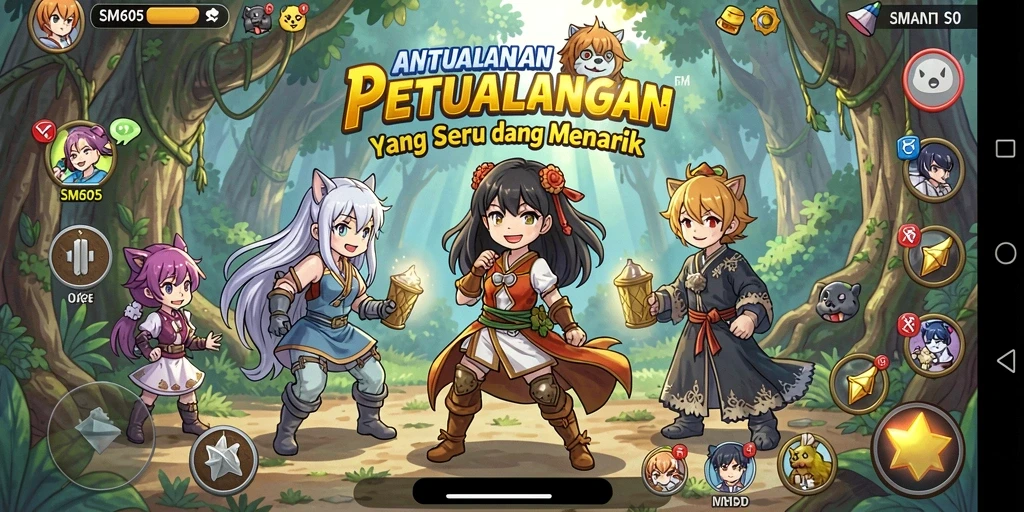 Tangkapan layar gameplay SM605 menampilkan aksi seru dan karakter anime.